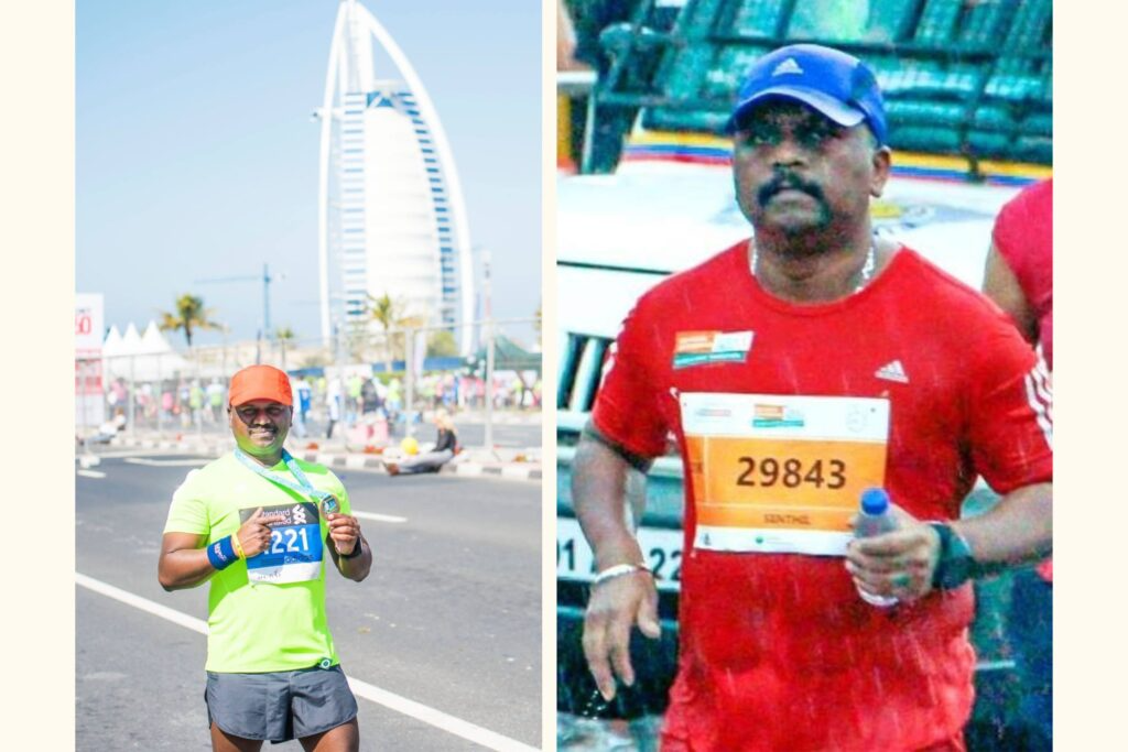 Full marathon of 42.195 km in Dubai; right: During a rain-soaked  half-marathon in Mumbai,