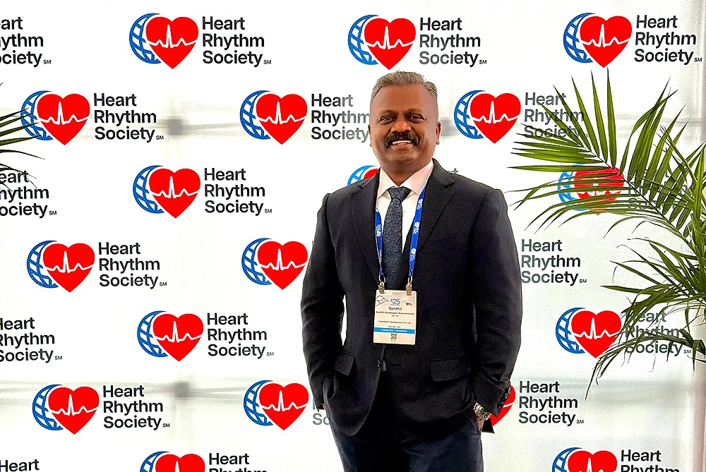 Seen with Dr. Kandeepan here are Avinash Kumar Issac (left) and Dr. Ulhas Pandurangi, Chief: Department Of Cardiac Electrophysiology and Pacing, MMM, Chennai Dr (Hon) S. Senthil Kandeepan At Heart Rhythm Society Conference