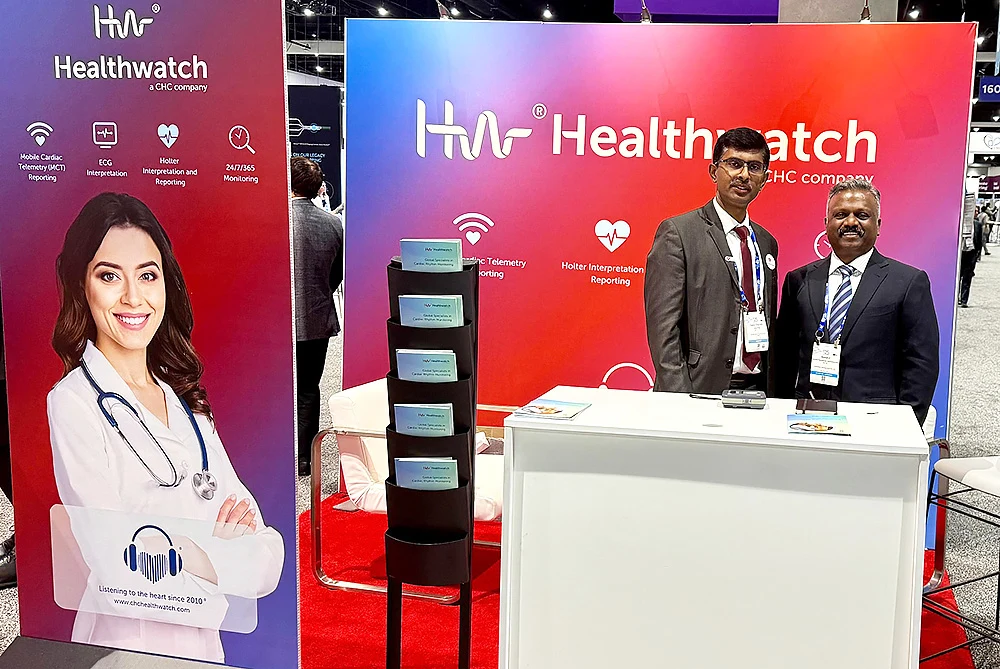 Dr. Kandeepan in his element, all set to welcome guests at the Healthwatch stall. Seen here is Founder-CEO, Dr (Hon) S. Senthil Kandeepan with ace Electrophysiologist and Clinical Lead of Cardiac Electrophysiology and Pacing at Kauvery Hospital, Dr. Deep Chand Raja